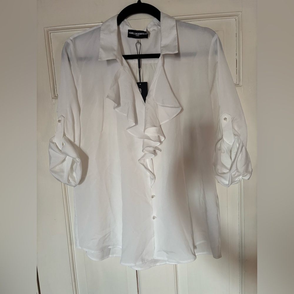 NWT Karl Lagerfeld ruffle front button down blouse